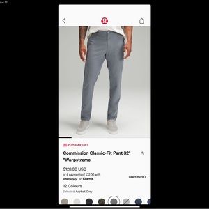 Lululemon Commission Classic Fit Pant 32” Waist, 32” Inseam